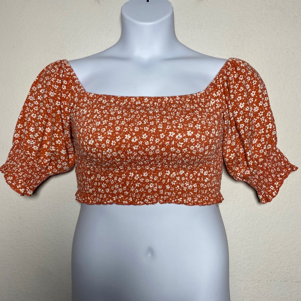 Billabong Crop Top Large Orange Womens Cottagecore Floral‎ Smocked Puff Sleeve